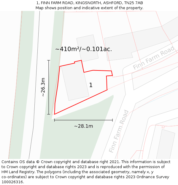 1, FINN FARM ROAD, KINGSNORTH, ASHFORD, TN25 7AB: Plot and title map