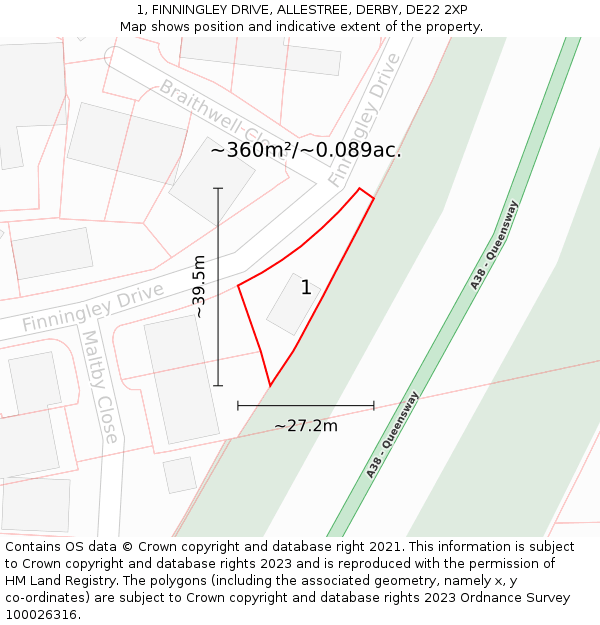 1, FINNINGLEY DRIVE, ALLESTREE, DERBY, DE22 2XP: Plot and title map