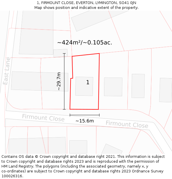 1, FIRMOUNT CLOSE, EVERTON, LYMINGTON, SO41 0JN: Plot and title map