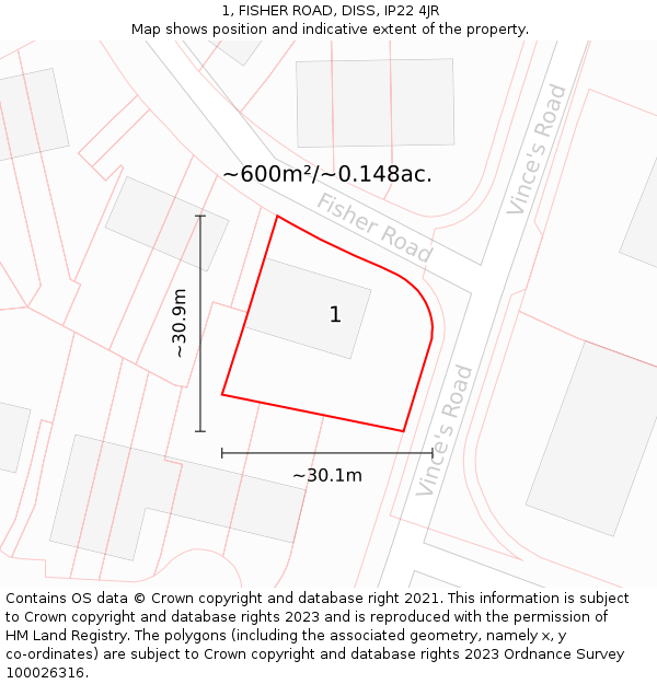 1, FISHER ROAD, DISS, IP22 4JR: Plot and title map