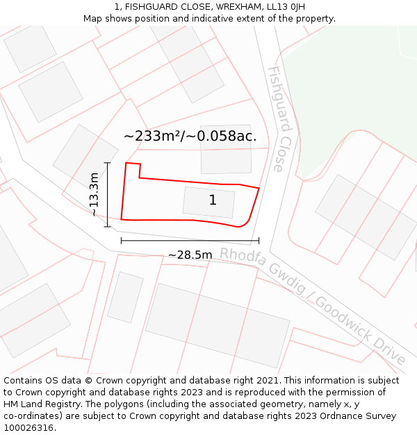 1, FISHGUARD CLOSE, WREXHAM, LL13 0JH: Plot and title map