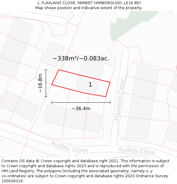 1, FLAXLAND CLOSE, MARKET HARBOROUGH, LE16 8EY: Plot and title map