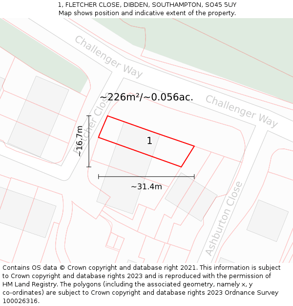 1, FLETCHER CLOSE, DIBDEN, SOUTHAMPTON, SO45 5UY: Plot and title map