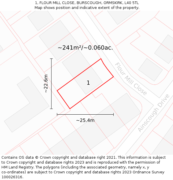 1, FLOUR MILL CLOSE, BURSCOUGH, ORMSKIRK, L40 5TL: Plot and title map