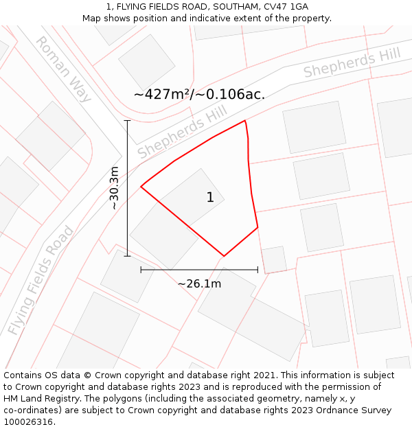 1, FLYING FIELDS ROAD, SOUTHAM, CV47 1GA: Plot and title map