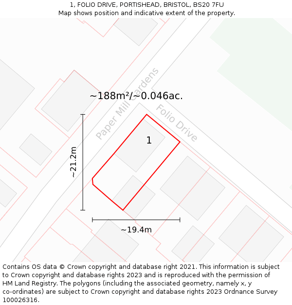 1, FOLIO DRIVE, PORTISHEAD, BRISTOL, BS20 7FU: Plot and title map