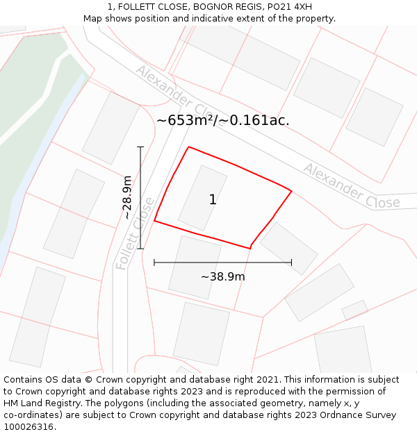 1, FOLLETT CLOSE, BOGNOR REGIS, PO21 4XH: Plot and title map