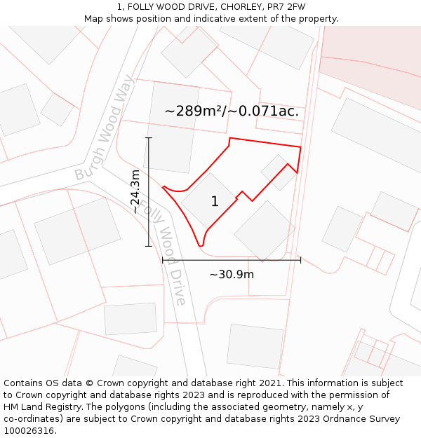 1, FOLLY WOOD DRIVE, CHORLEY, PR7 2FW: Plot and title map