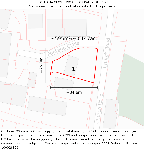 1, FONTANA CLOSE, WORTH, CRAWLEY, RH10 7SE: Plot and title map