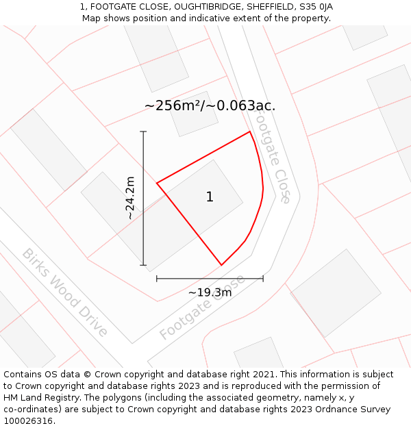 1, FOOTGATE CLOSE, OUGHTIBRIDGE, SHEFFIELD, S35 0JA: Plot and title map