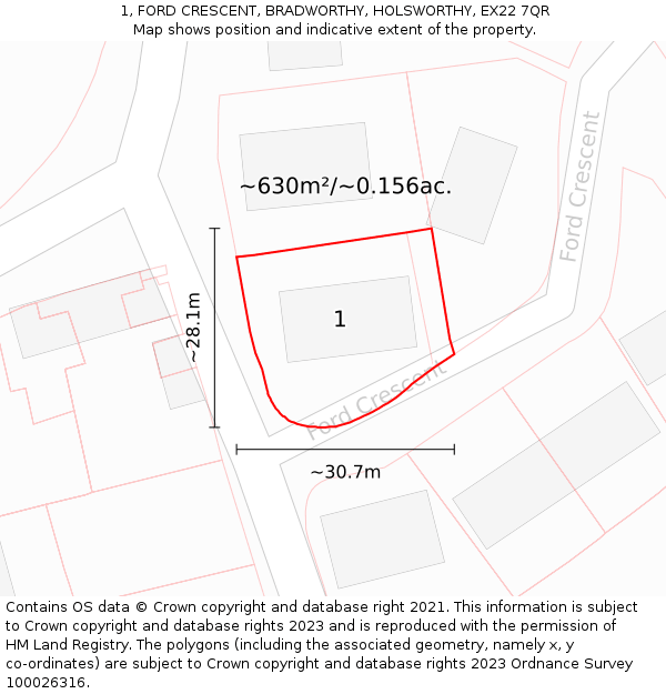 1, FORD CRESCENT, BRADWORTHY, HOLSWORTHY, EX22 7QR: Plot and title map