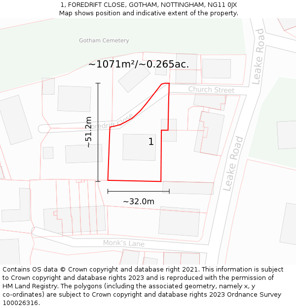 1, FOREDRIFT CLOSE, GOTHAM, NOTTINGHAM, NG11 0JX: Plot and title map