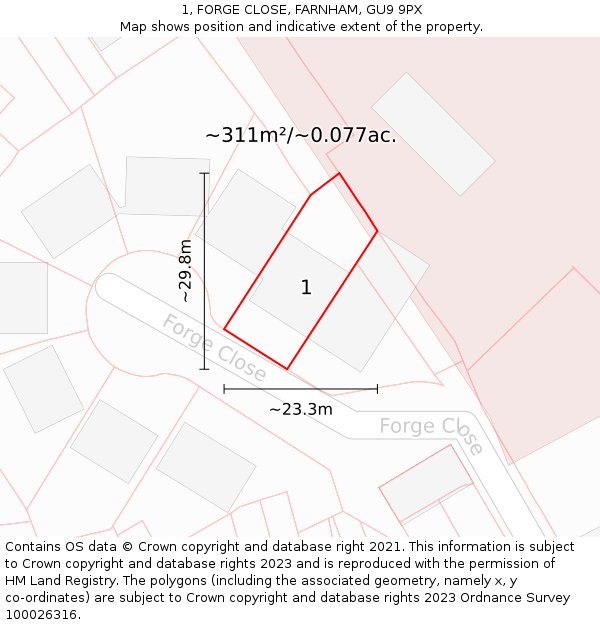 1, FORGE CLOSE, FARNHAM, GU9 9PX: Plot and title map