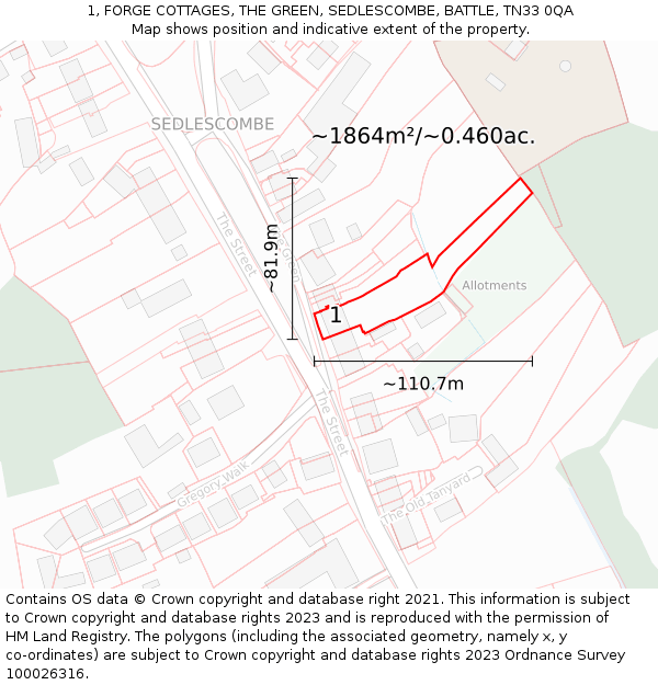 1, FORGE COTTAGES, THE GREEN, SEDLESCOMBE, BATTLE, TN33 0QA: Plot and title map
