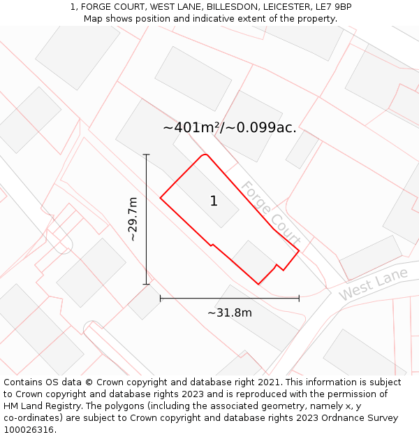 1, FORGE COURT, WEST LANE, BILLESDON, LEICESTER, LE7 9BP: Plot and title map