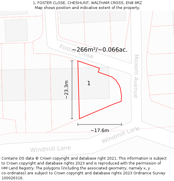 1, FOSTER CLOSE, CHESHUNT, WALTHAM CROSS, EN8 9RZ: Plot and title map