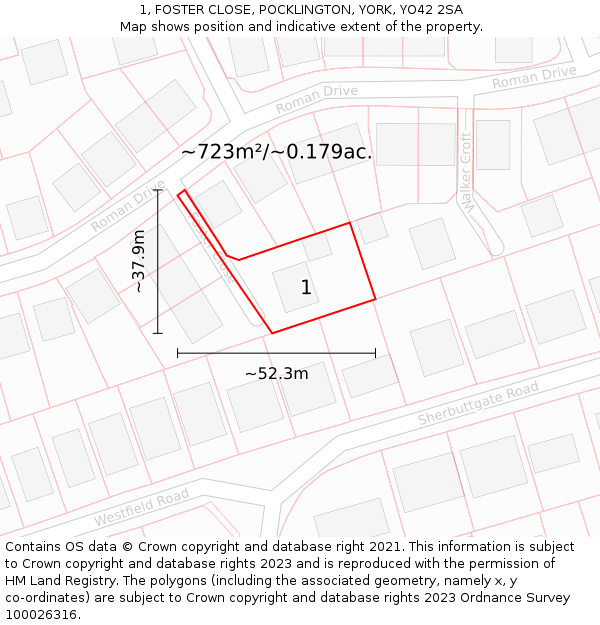 1, FOSTER CLOSE, POCKLINGTON, YORK, YO42 2SA: Plot and title map