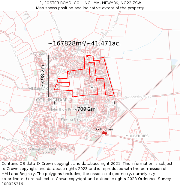 1, FOSTER ROAD, COLLINGHAM, NEWARK, NG23 7SW: Plot and title map