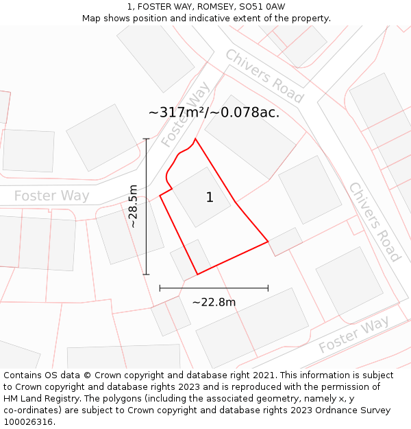 1, FOSTER WAY, ROMSEY, SO51 0AW: Plot and title map