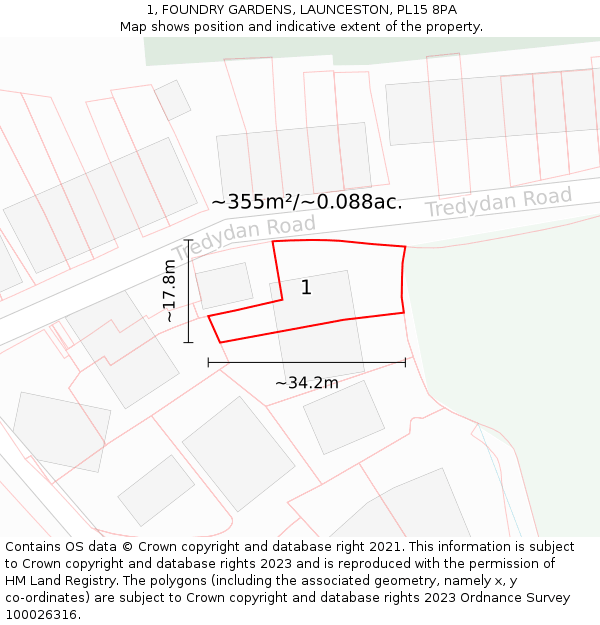 1, FOUNDRY GARDENS, LAUNCESTON, PL15 8PA: Plot and title map