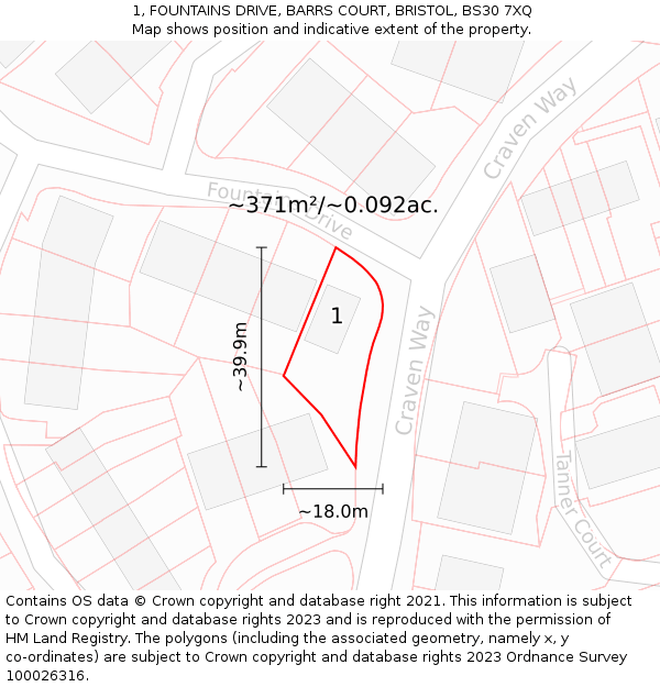 1, FOUNTAINS DRIVE, BARRS COURT, BRISTOL, BS30 7XQ: Plot and title map