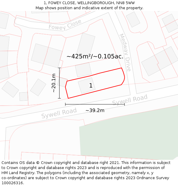 1, FOWEY CLOSE, WELLINGBOROUGH, NN8 5WW: Plot and title map