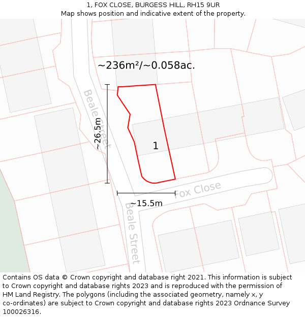 1, FOX CLOSE, BURGESS HILL, RH15 9UR: Plot and title map