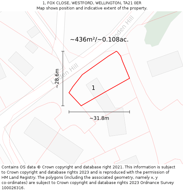 1, FOX CLOSE, WESTFORD, WELLINGTON, TA21 0ER: Plot and title map