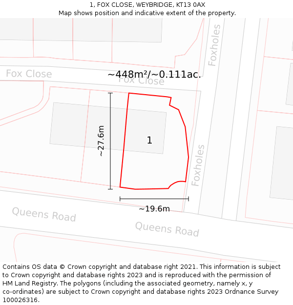 1, FOX CLOSE, WEYBRIDGE, KT13 0AX: Plot and title map