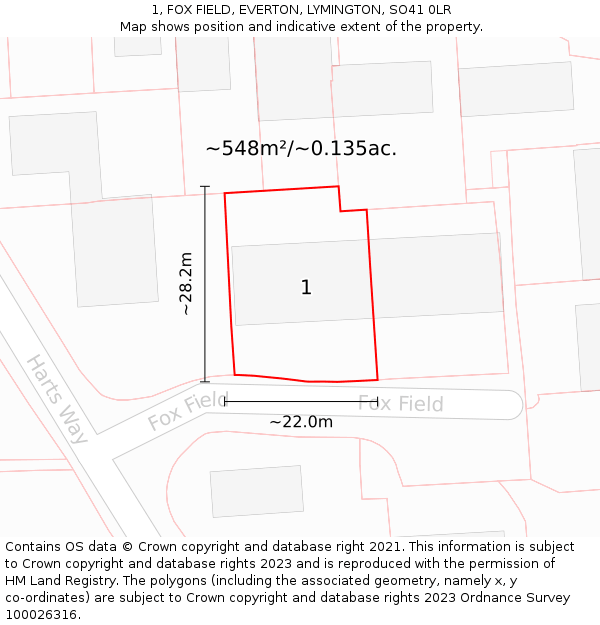 1, FOX FIELD, EVERTON, LYMINGTON, SO41 0LR: Plot and title map