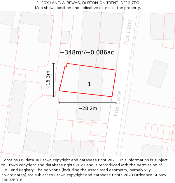 1, FOX LANE, ALREWAS, BURTON-ON-TRENT, DE13 7EG: Plot and title map