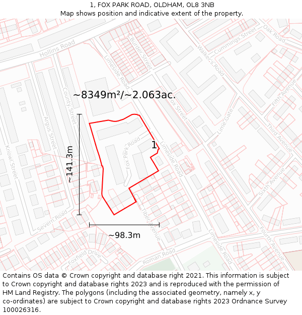 1, FOX PARK ROAD, OLDHAM, OL8 3NB: Plot and title map