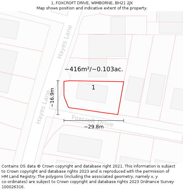 1, FOXCROFT DRIVE, WIMBORNE, BH21 2JX: Plot and title map