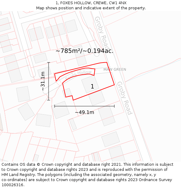 1, FOXES HOLLOW, CREWE, CW1 4NX: Plot and title map