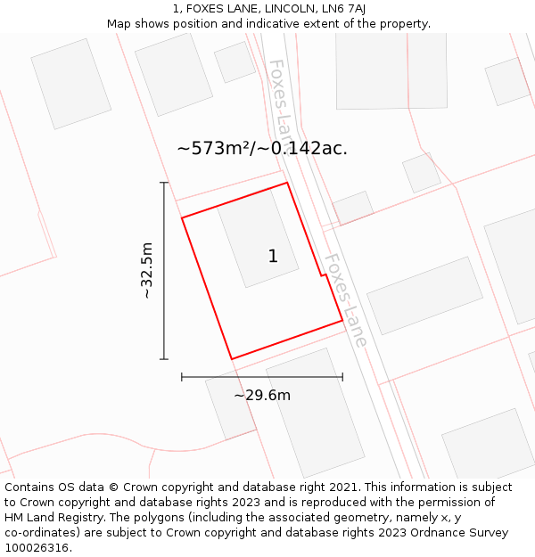 1, FOXES LANE, LINCOLN, LN6 7AJ: Plot and title map