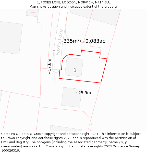 1, FOXES LOKE, LODDON, NORWICH, NR14 6UL: Plot and title map