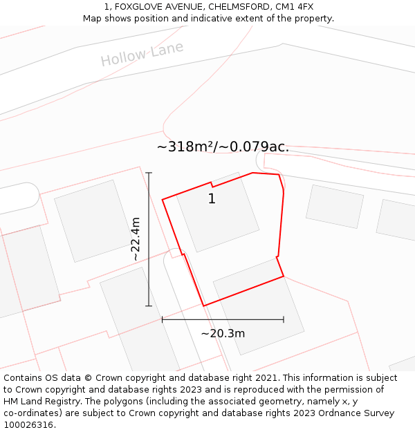 1, FOXGLOVE AVENUE, CHELMSFORD, CM1 4FX: Plot and title map