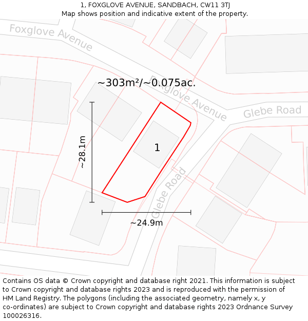 1, FOXGLOVE AVENUE, SANDBACH, CW11 3TJ: Plot and title map