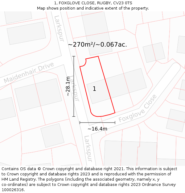 1, FOXGLOVE CLOSE, RUGBY, CV23 0TS: Plot and title map