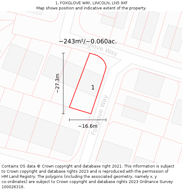 1, FOXGLOVE WAY, LINCOLN, LN5 9XF: Plot and title map