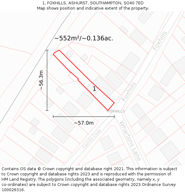 1, FOXHILLS, ASHURST, SOUTHAMPTON, SO40 7ED: Plot and title map