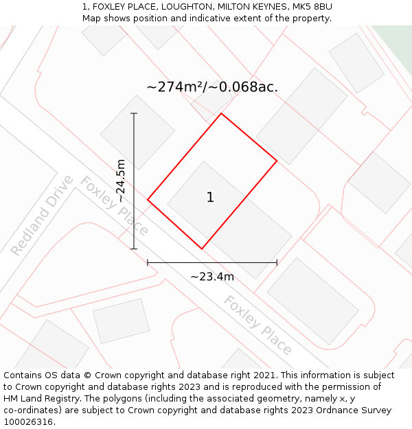 1, FOXLEY PLACE, LOUGHTON, MILTON KEYNES, MK5 8BU: Plot and title map