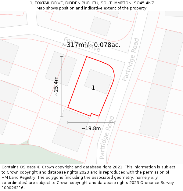 1, FOXTAIL DRIVE, DIBDEN PURLIEU, SOUTHAMPTON, SO45 4NZ: Plot and title map