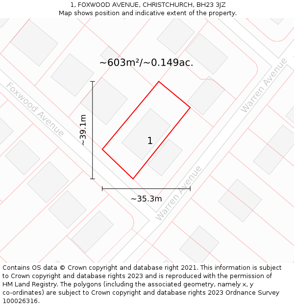 1, FOXWOOD AVENUE, CHRISTCHURCH, BH23 3JZ: Plot and title map
