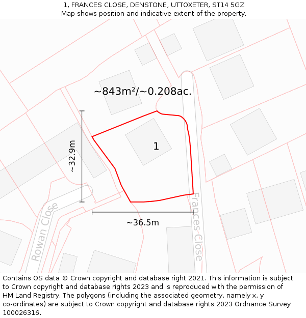 1, FRANCES CLOSE, DENSTONE, UTTOXETER, ST14 5GZ: Plot and title map