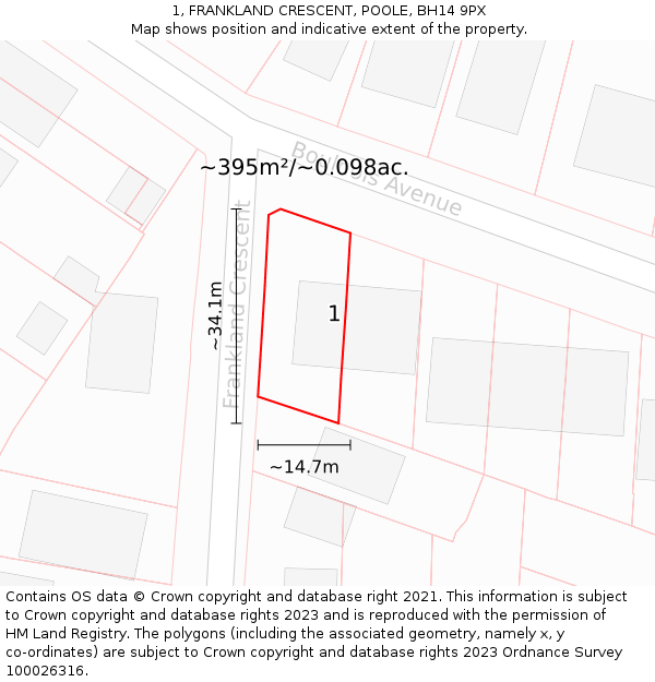 1, FRANKLAND CRESCENT, POOLE, BH14 9PX: Plot and title map