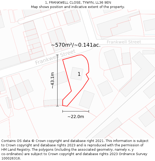 1, FRANKWELL CLOSE, TYWYN, LL36 9EN: Plot and title map