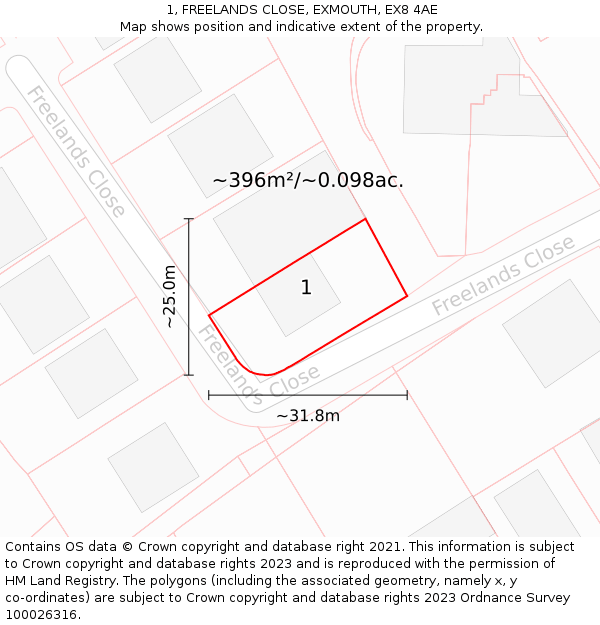 1, FREELANDS CLOSE, EXMOUTH, EX8 4AE: Plot and title map