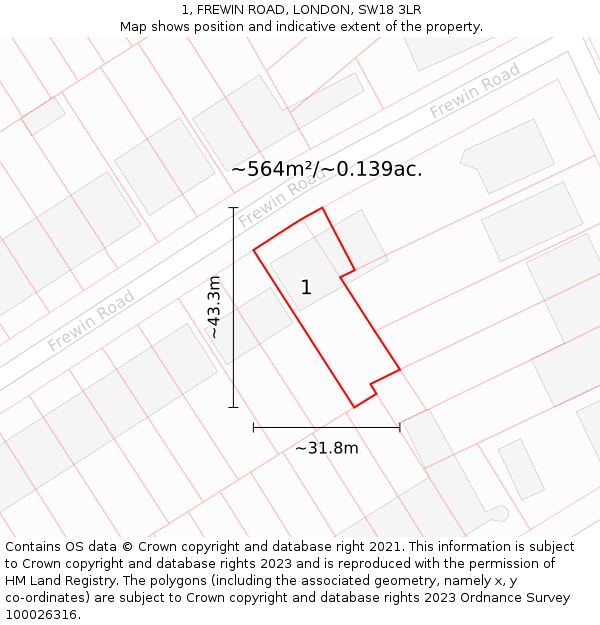 1, FREWIN ROAD, LONDON, SW18 3LR: Plot and title map