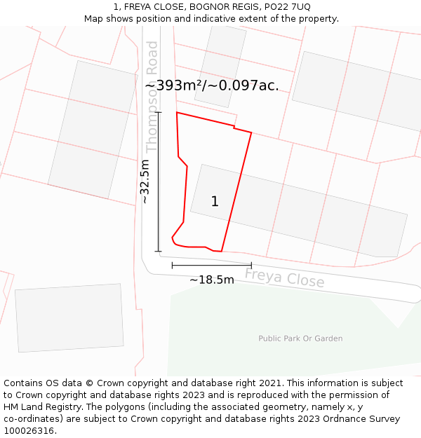 1, FREYA CLOSE, BOGNOR REGIS, PO22 7UQ: Plot and title map